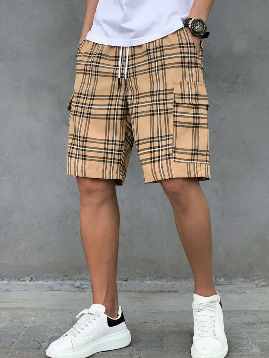 Manfinity Homme Loose Fit Men's Plaid Printed Cargo Shorts With Adjustable Drawstring Waist Pattern Colorful Khaki - Multicolor - View 1