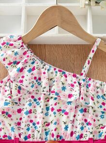 SHEIN Jumpsuit bé gái Bất đối xứng Thắt lưng Xù Uốn nếp Họa tiết hoa Boho - Nhiều màu - Xem 3