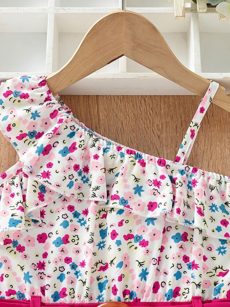 SHEIN Jumpsuit bé gái Bất đối xứng Thắt lưng Xù Uốn nếp Họa tiết hoa Boho - Nhiều màu - Xem 3