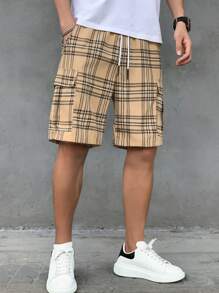 Manfinity Homme Loose Fit Men's Plaid Printed Cargo Shorts With Adjustable Drawstring Waist Pattern Colorful Khaki - Multicolor - View 4