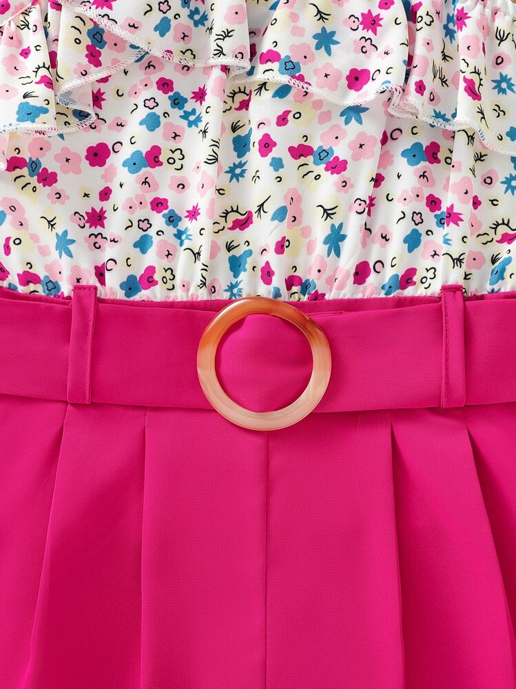 SHEIN Jumpsuit bé gái Bất đối xứng Thắt lưng Xù Uốn nếp Họa tiết hoa Boho - Nhiều màu - Xem 5