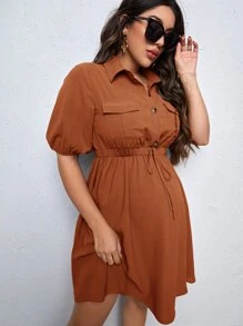 SHEIN Maternity Flap Pocket Knot Front Dress - Rust Brown - View 3