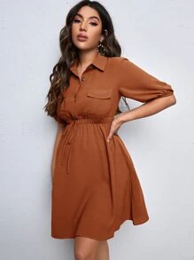 SHEIN Maternity Flap Pocket Knot Front Dress - Rust Brown - View 5
