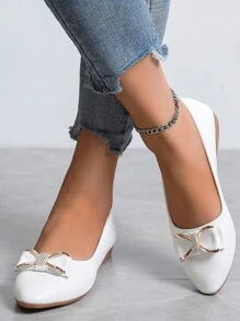 Women's White Low Vamp Ballet Flats With Bow & Rhinestones, Elegant French Style Flat Casual Slip-On Shoes For Summer And Autumn - White - View 2