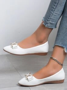 Women's White Low Vamp Ballet Flats With Bow & Rhinestones, Elegant French Style Flat Casual Slip-On Shoes For Summer And Autumn - White - View 3