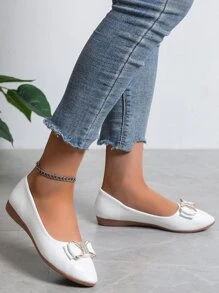 Women's White Low Vamp Ballet Flats With Bow & Rhinestones, Elegant French Style Flat Casual Slip-On Shoes For Summer And Autumn - White - View 5