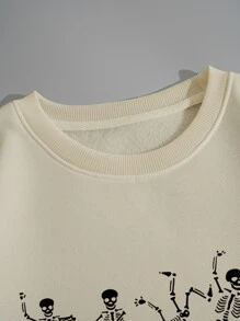 SHEIN EZwear Sudadera estampado de esqueleto con forro térmico - Beis - Ver 5