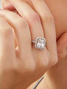 1個時尚高端長方形切割鋯石鑲嵌戒指，適合任何場合 - 銀色 - 查看 2