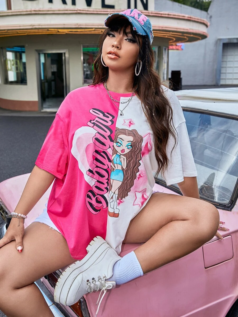SHEIN EZwear 大碼多巴胺穿衣法字母任務圖案落肩T恤 - 彩色 - 查看 1