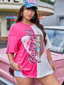SHEIN EZwear 大碼多巴胺穿衣法字母任務圖案落肩T恤 - 彩色 - 查看 3