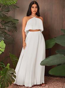 SHEIN SXY Beach;Solid Pleated Halter Top & Skirt - White - View 1