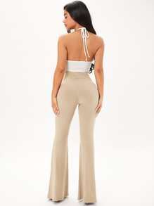 SHEIN SXY 素色螺紋針織喇叭褲 - 杏色 - 查看 2