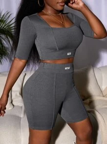 Slaydiva 補丁細節短款T恤和騎行褲 - 深灰色 - 查看 1