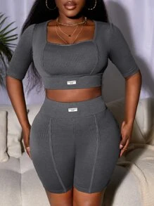 Slaydiva 補丁細節短款T恤和騎行褲 - 深灰色 - 查看 5