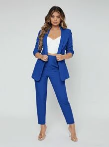 SHEIN SXY Shawl Neck Open Front Blazer & Pants Suit In Fall/Winter - Royal Blue - View 4