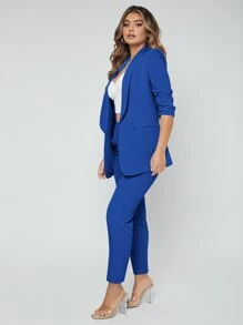 SHEIN SXY Shawl Neck Open Front Blazer & Pants Suit In Fall/Winter - Royal Blue - View 6