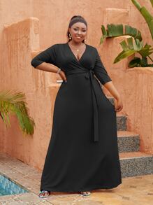 Astrid Plus Surplice Neck Knot Front Dress - Black - View 3