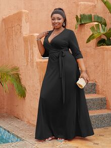 Astrid Plus Surplice Neck Knot Front Dress - Black - View 4