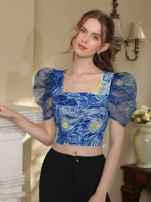 SHEIN MOD Allover Print Puff Sleeve Blouse,Short Sleeve Tops - Multicolor - View 4