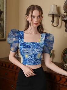 SHEIN MOD Allover Print Puff Sleeve Blouse,Short Sleeve Tops - Multicolor - View 6