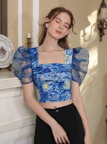 SHEIN MOD Allover Print Puff Sleeve Blouse,Short Sleeve Tops - Multicolor - View 1