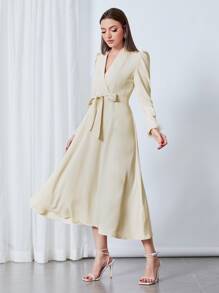 Modelyn Fuzzy Cuff Puff Sleeve Belted Dress - Beige - View 1