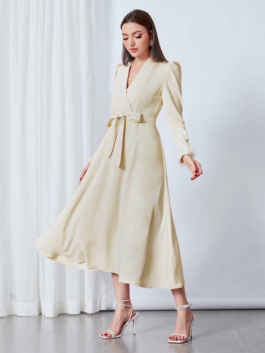 Modelyn Fuzzy Cuff Puff Sleeve Belted Dress - Beige - View 1