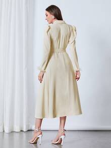 Modelyn Fuzzy Cuff Puff Sleeve Belted Dress - Beige - View 2