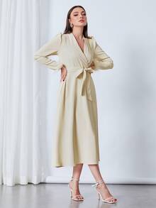 Modelyn Fuzzy Cuff Puff Sleeve Belted Dress - Beige - View 3