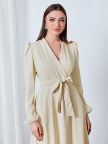 Modelyn Fuzzy Cuff Puff Sleeve Belted Dress - Beige - View 4