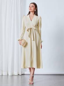 Modelyn Fuzzy Cuff Puff Sleeve Belted Dress - Beige - View 5