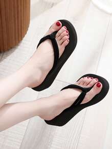 結飾人字拖,泡沫鞋底坡跟跟黑色中性素色拖鞋適合女士 - 黑色 - 查看 5