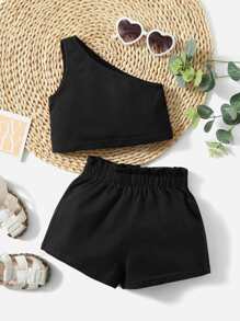 SHEIN 嬰兒女孩一字肩上衣和束口褲短褲 - 黑色 - 查看 1