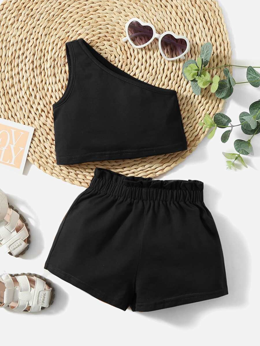 SHEIN 嬰兒女孩一字肩上衣和束口褲短褲 - 黑色 - 查看 1