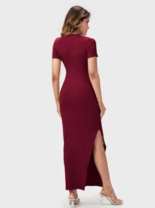 SHEIN Maternity Split Thigh Bodycon Dress - Burgundy - View 2