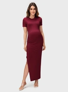 SHEIN Maternity Split Thigh Bodycon Dress - Burgundy - View 4
