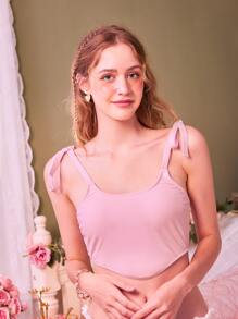 Solid Tie Shoulder Tankini Top - Baby Pink - View 1
