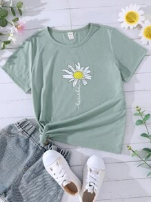 SHEIN Tops con gái Hoa Lá thư Giải trí - màu xanh lá - Xem 1