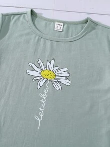 SHEIN Tops con gái Hoa Lá thư Giải trí - màu xanh lá - Xem 3