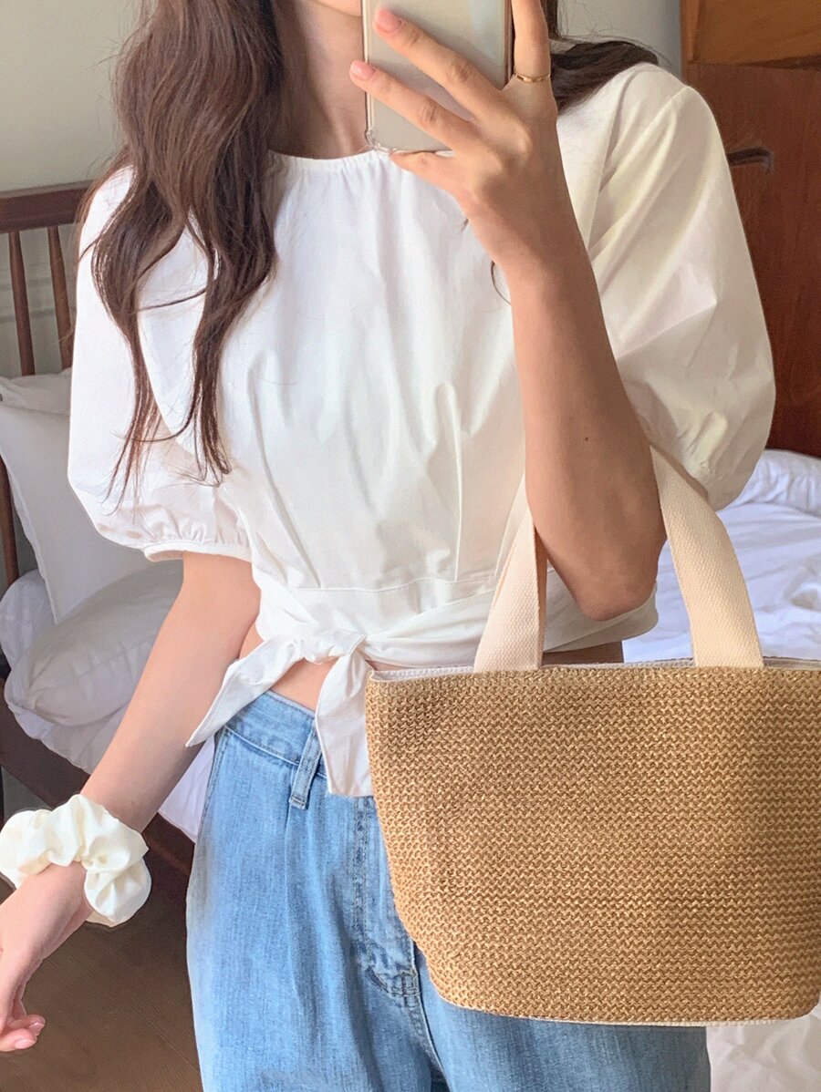 DAZY Solid Puff Sleeve Knot Hem Blouse - White - View 1