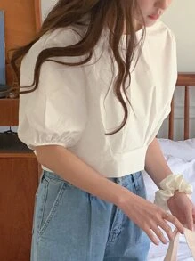 DAZY Solid Puff Sleeve Knot Hem Blouse - White - View 3