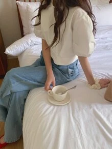 DAZY Solid Puff Sleeve Knot Hem Blouse - White - View 5