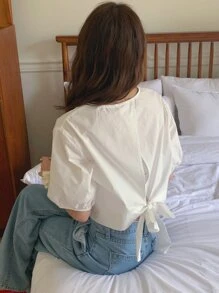 DAZY Solid Puff Sleeve Knot Hem Blouse - White - View 6