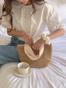 DAZY Solid Puff Sleeve Knot Hem Blouse - White - View 7