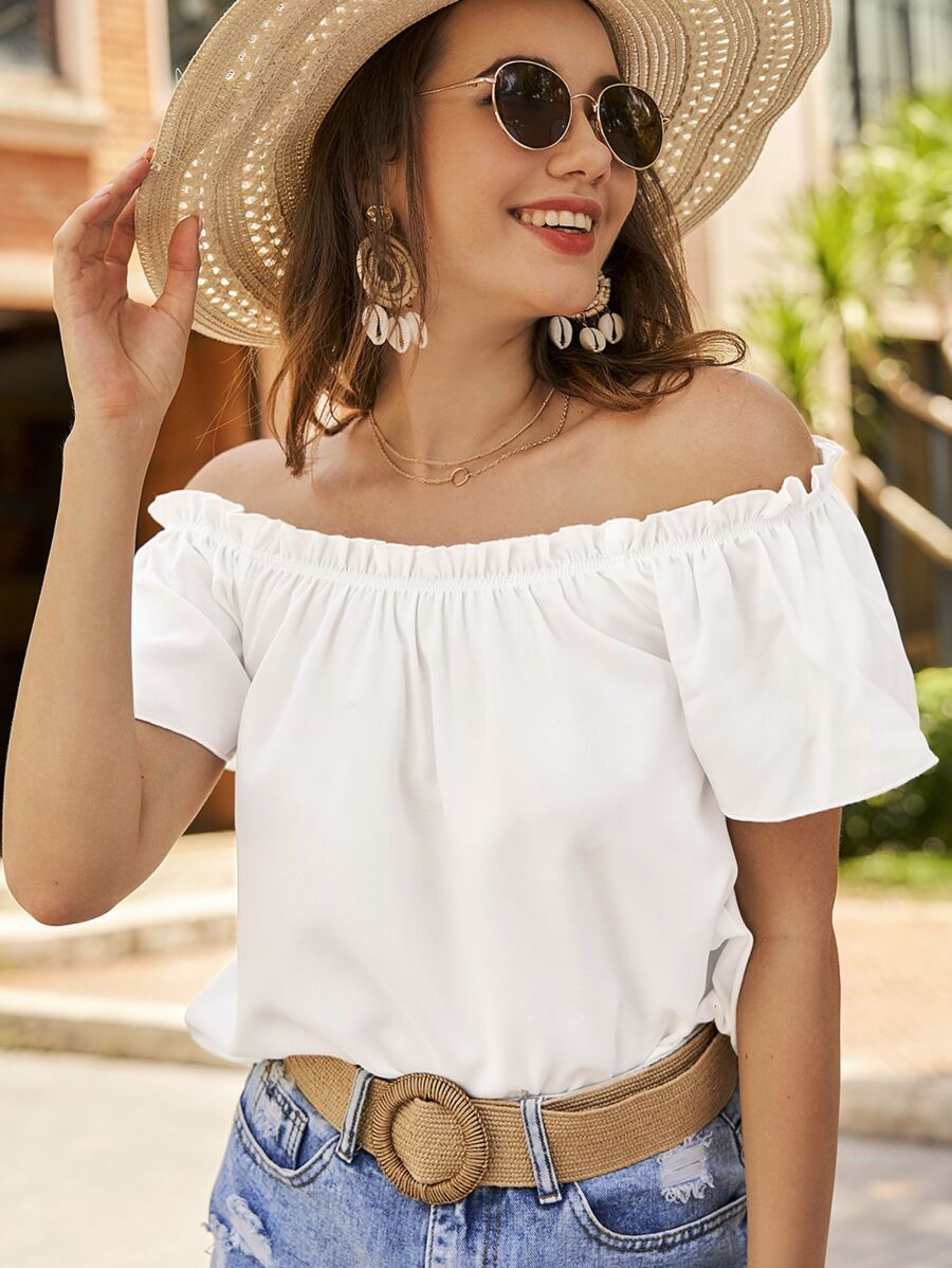 SHEIN VCAY Off Shoulder Frill Trim Blouse
