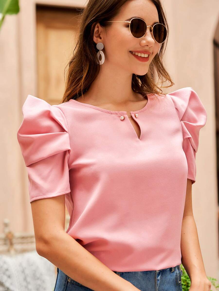 SHEIN Clasi 泡泡袖鏤空前紐扣上衣