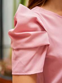 SHEIN Clasi 泡泡袖鏤空前紐扣上衣 - 淺粉色 - 查看 5