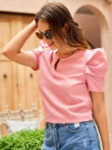 SHEIN Clasi 泡泡袖鏤空前紐扣上衣 - 淺粉色 - 查看 6