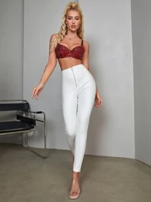 Apperloth A 情人节庆祝款高腰弹力拉链前开衩保暖PU皮锥形裤，舒适休闲朋克音乐节 - 白色 - 查看 6