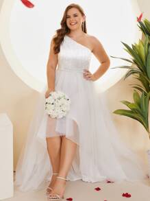 Plus One Shoulder Contrast Sequin High Low Mesh Wedding Dress - White - View 1